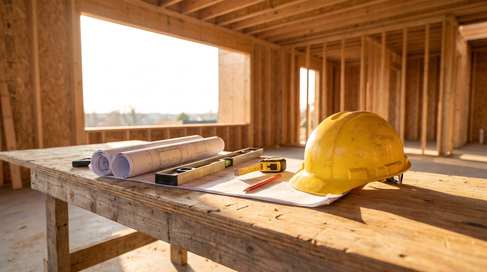 Blueprints, level, and hard hat at a Gilbert, AZ construction site