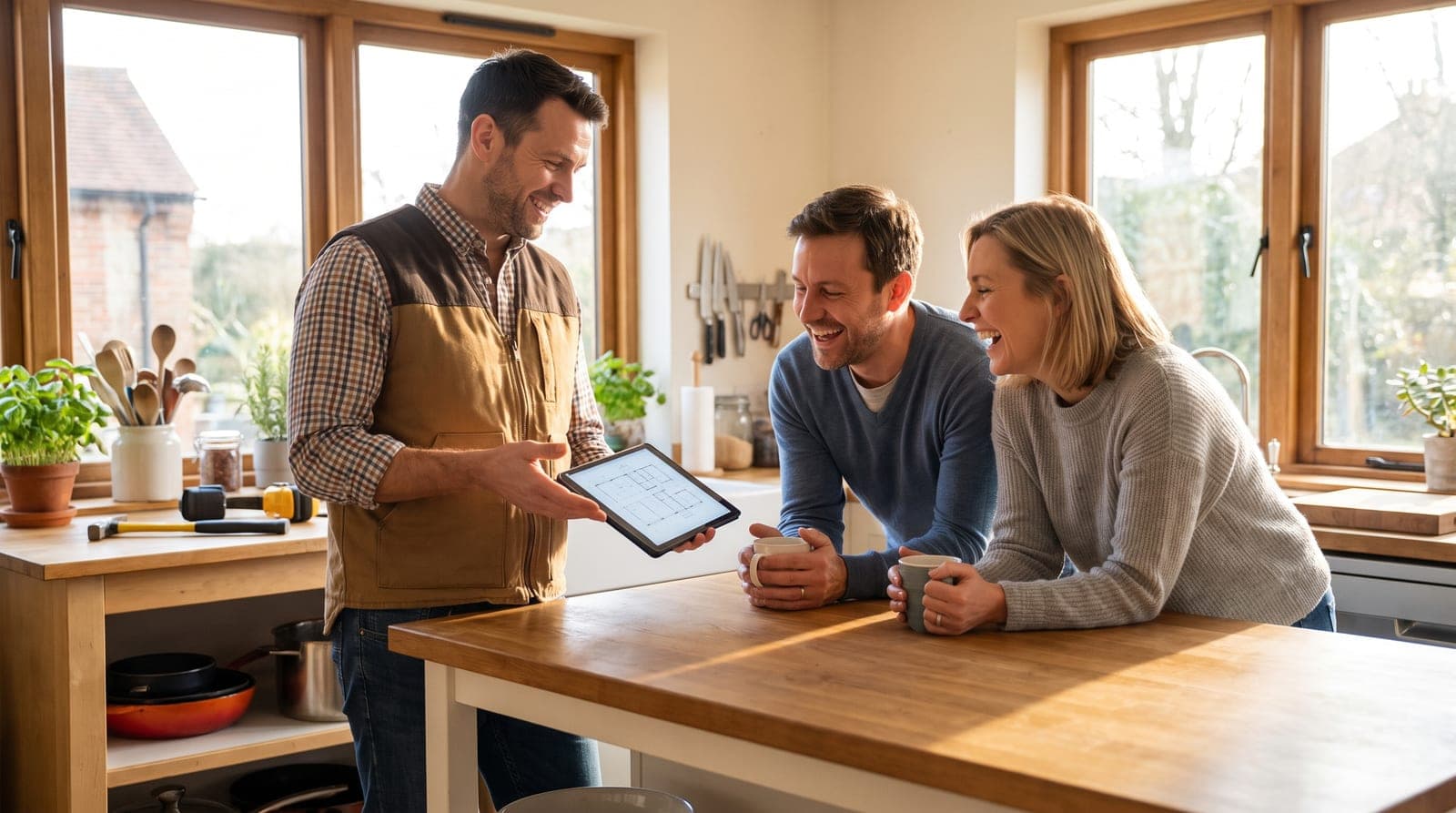 A local contractor reviewing remodeling plans with homeowners in Gilbert, Arizona